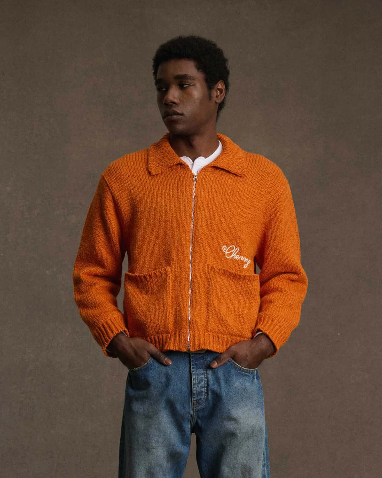1 Star Cotton Knit Zip Jacket (Orange) - Image 3