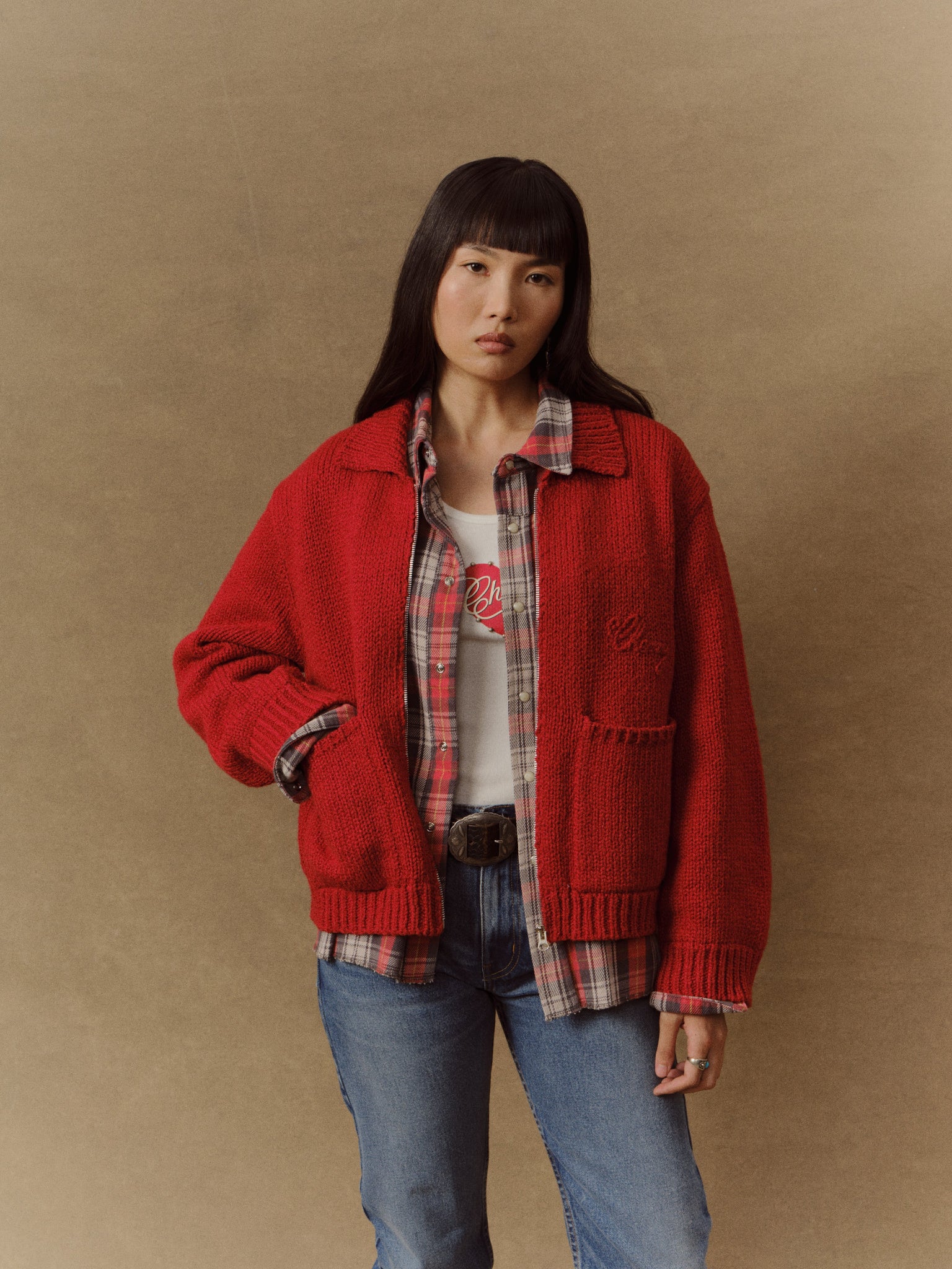 5 Star Cotton Knit Zip Jacket (Cherry Red) - Image 2