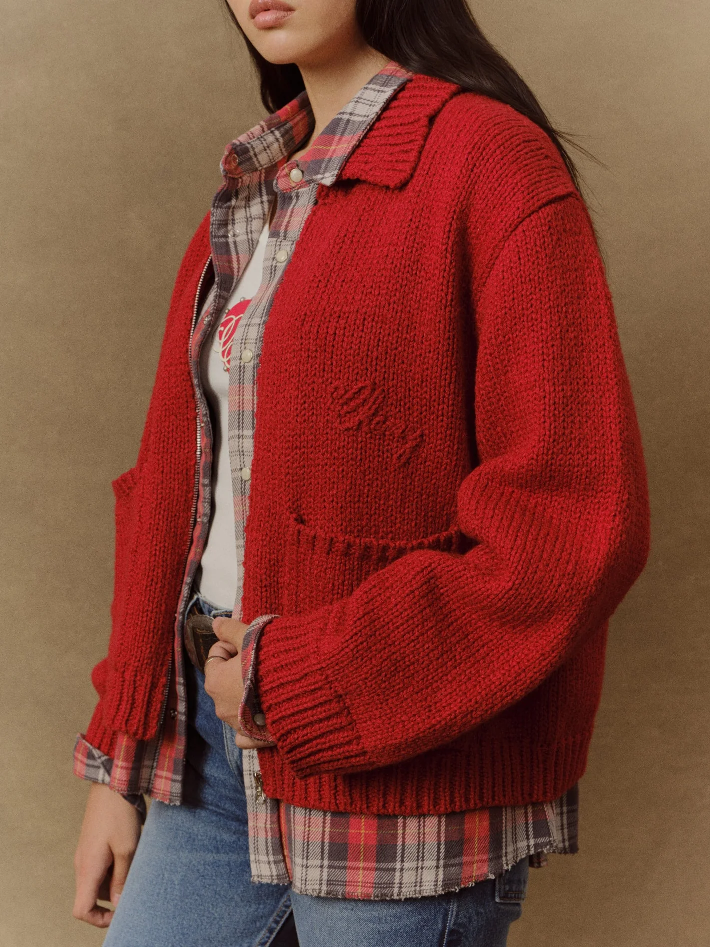 5 Star Cotton Knit Zip Jacket (Cherry Red) - Image 5