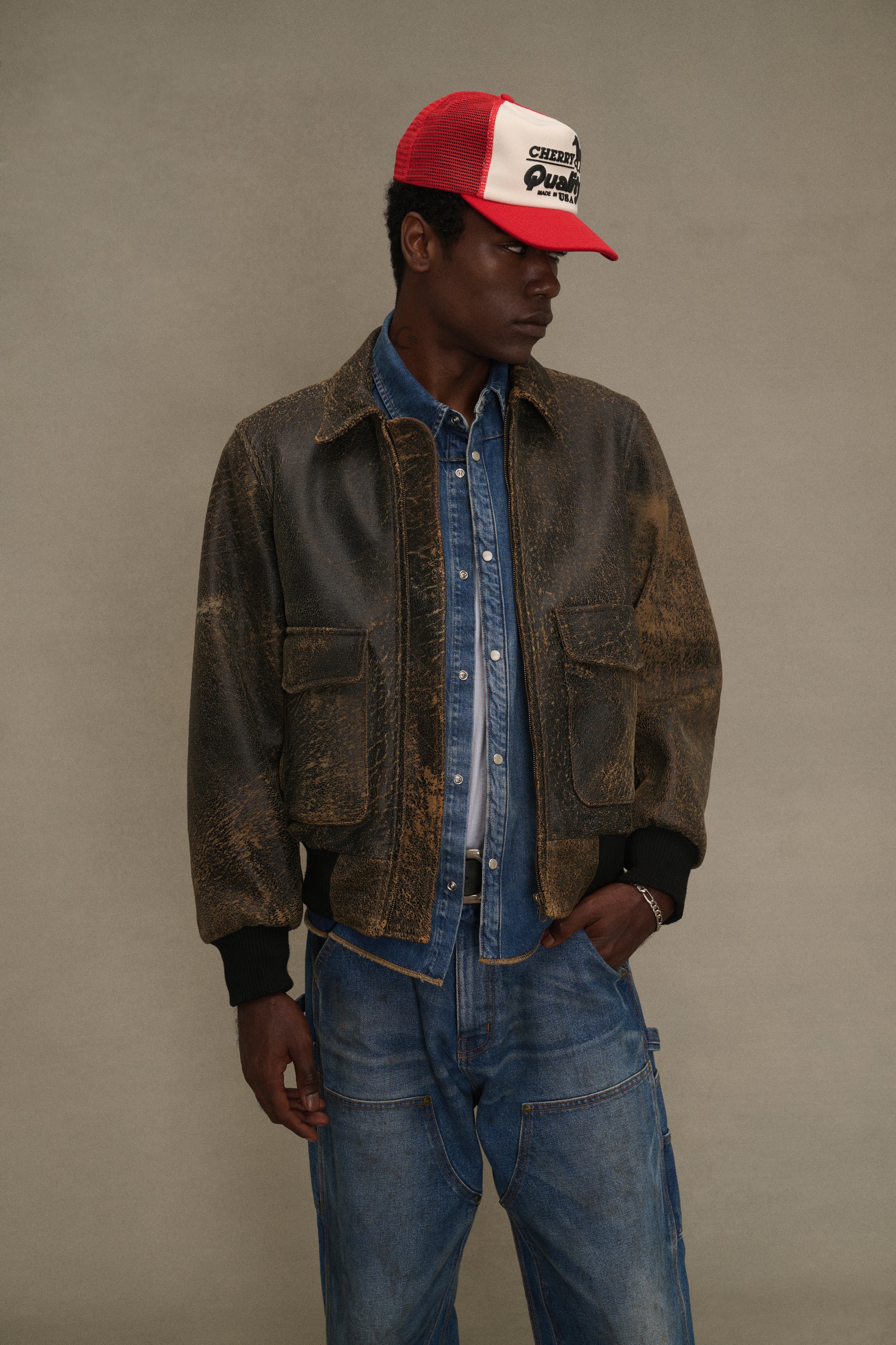 Distressed Leather Flight Jacket (Black) - Image 2