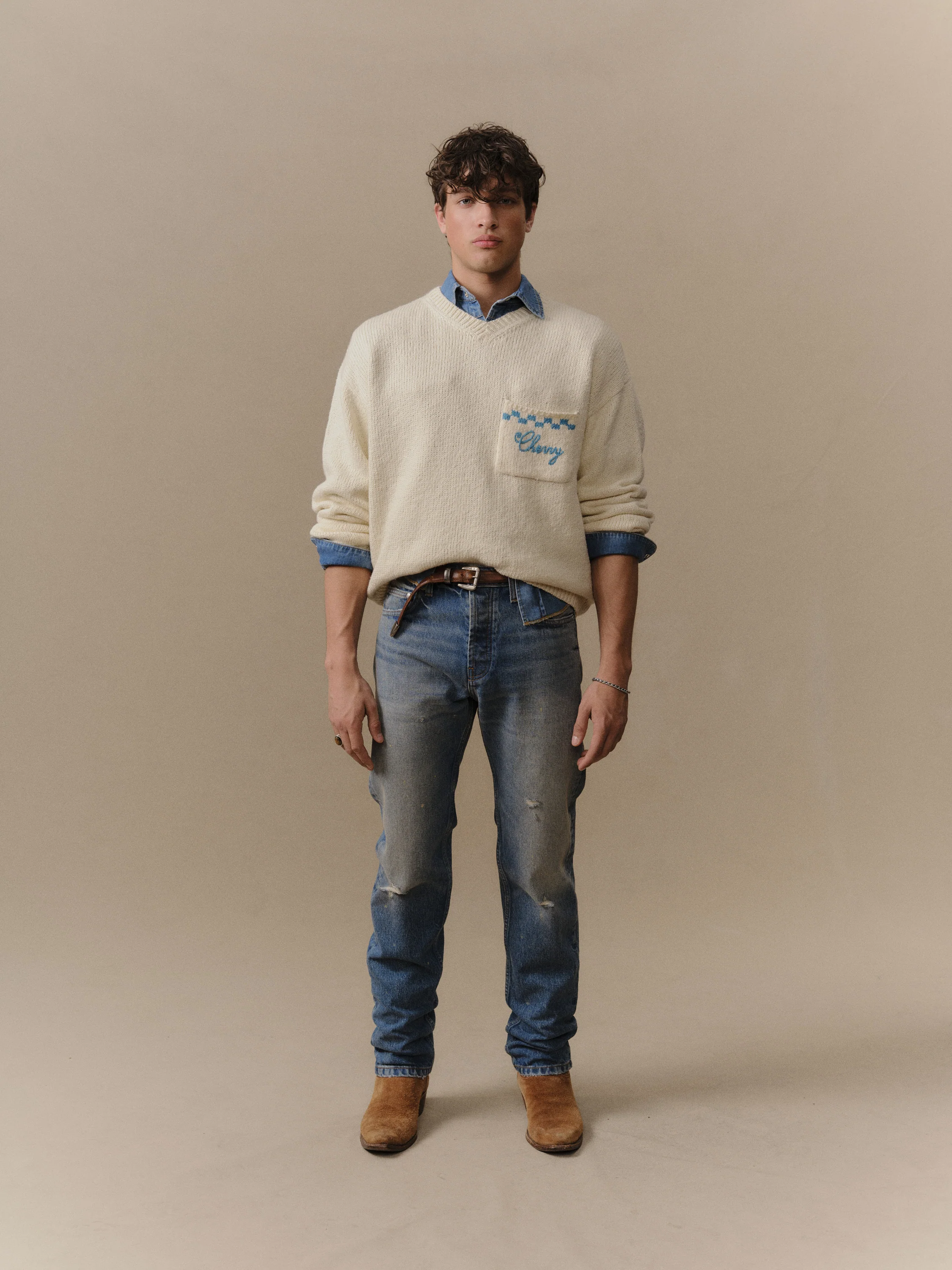 Motors Knit V Neck (Cream) - Image 2