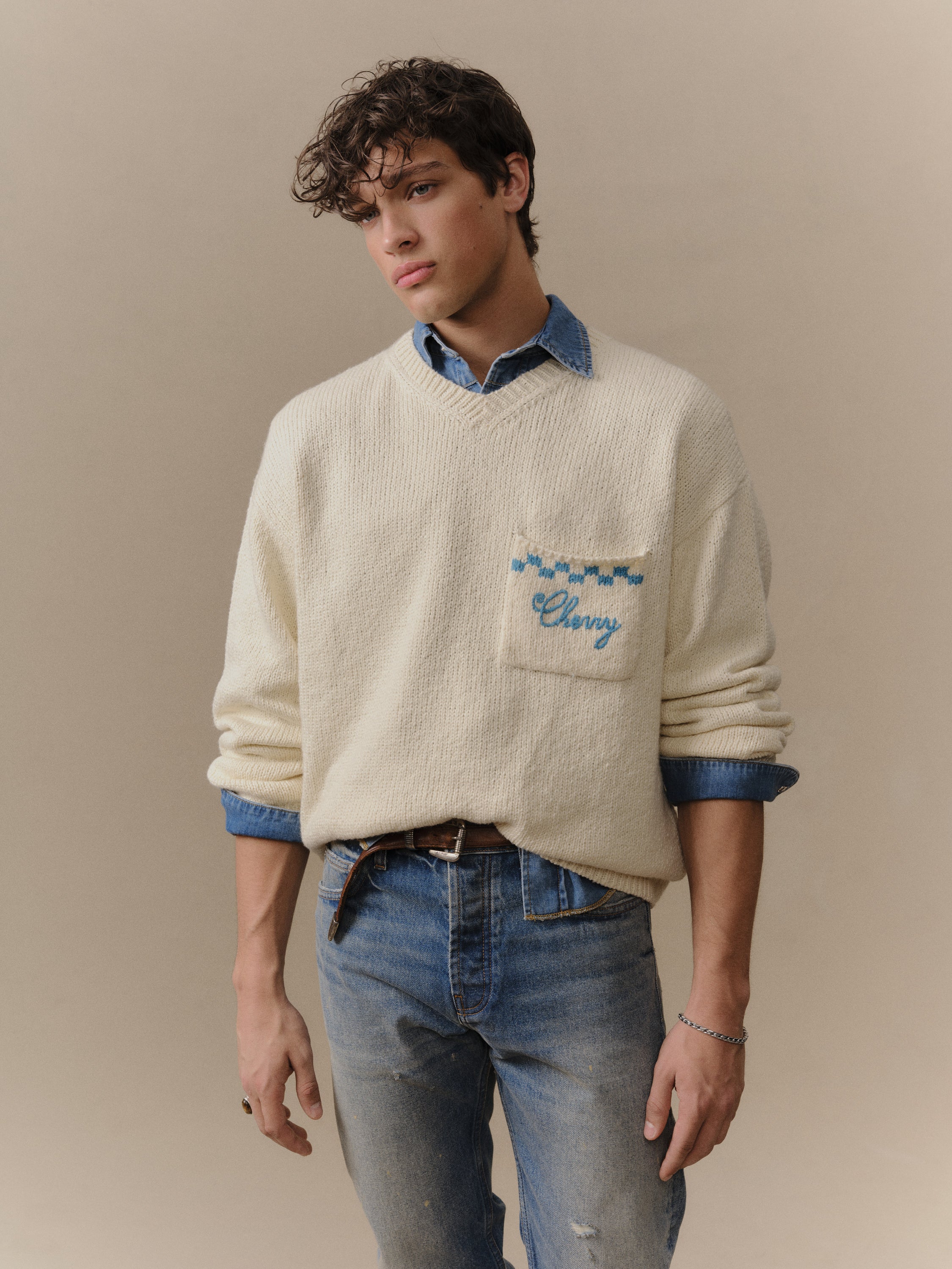 Motors Knit V Neck (Cream) - Image 3