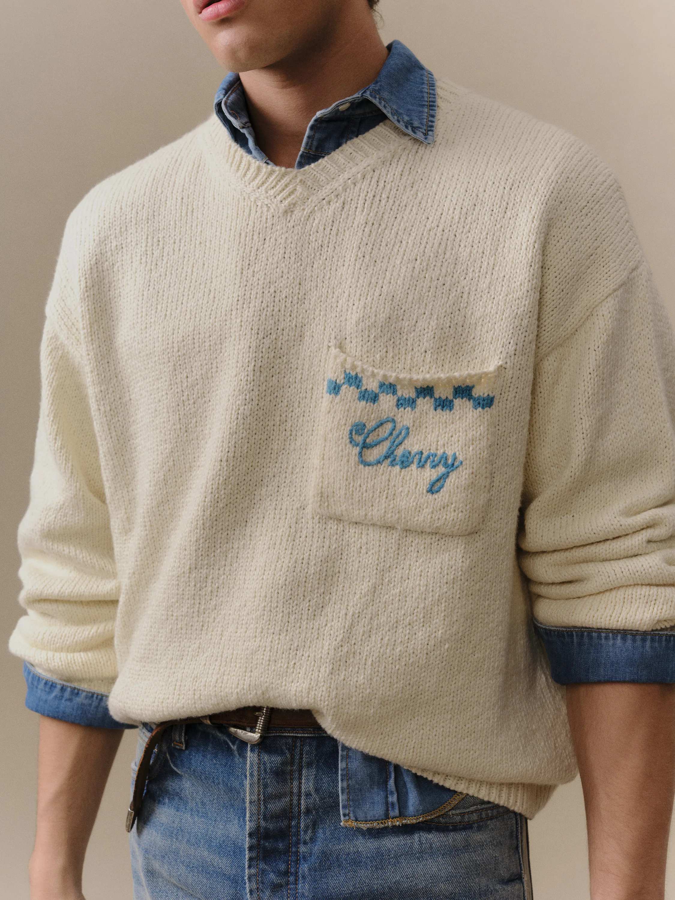 Motors Knit V Neck (Cream) - Image 4