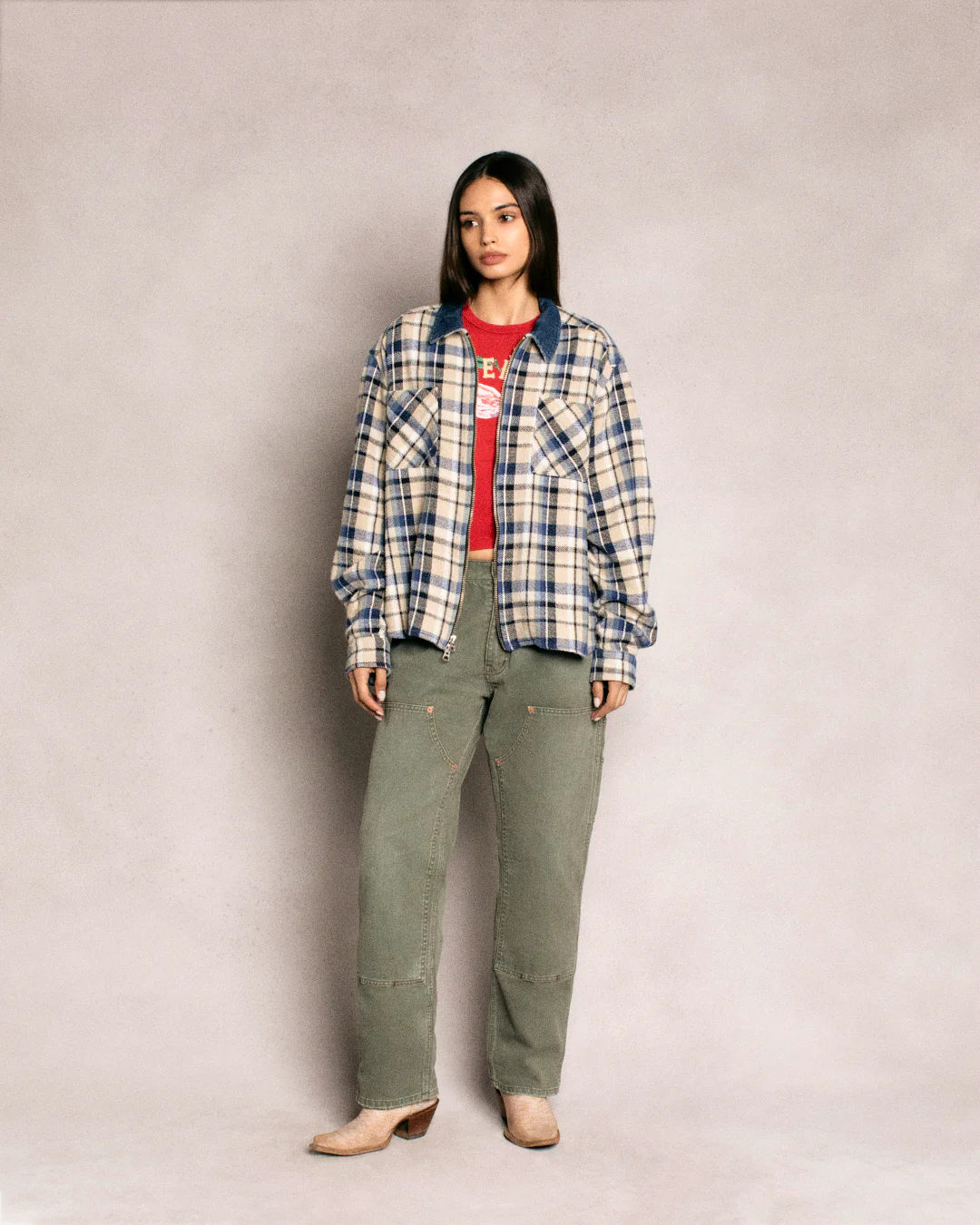 Plaid Zip Shirt Jacket (Beige) - Image 6