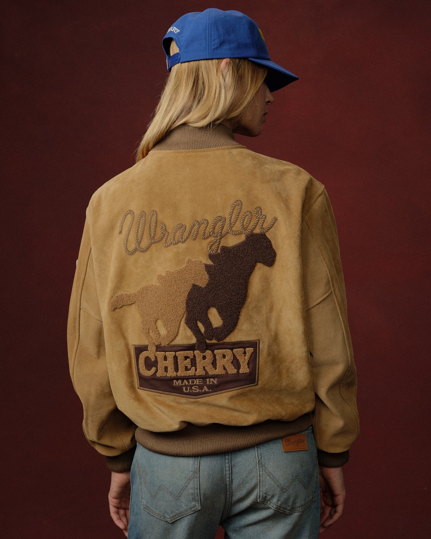 Cherry x Wrangler Suede Varsity Jacket (Tan) - Image 2