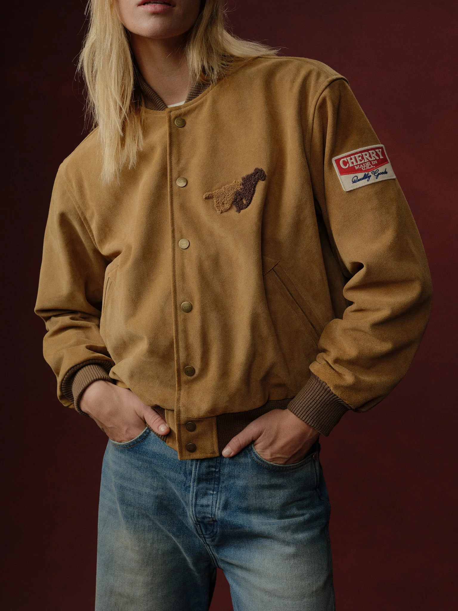Cherry x Wrangler Suede Varsity Jacket (Tan) - Image 3