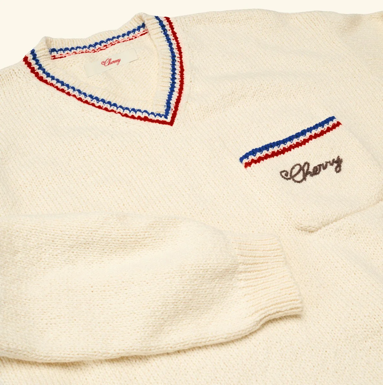 V-Neck Cotton Knit Sweater (Cream) - Image 2