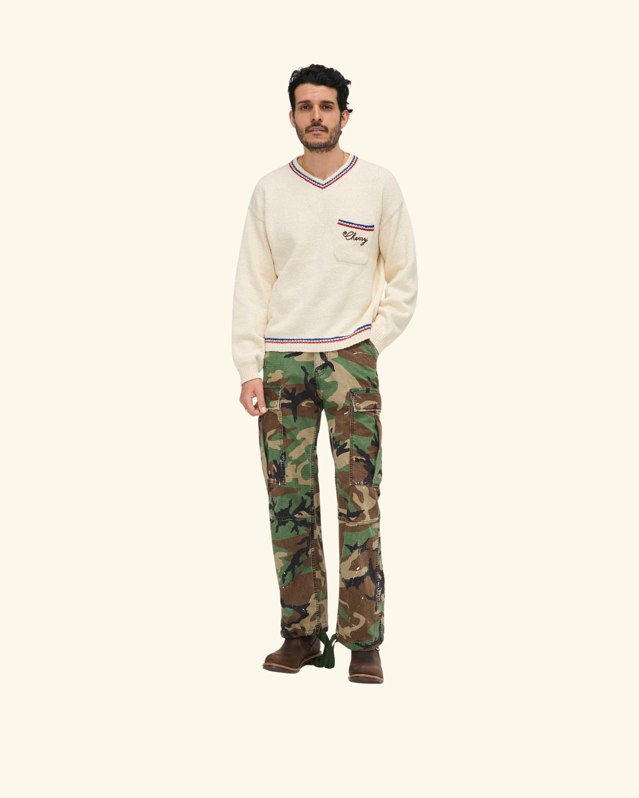 V-Neck Cotton Knit Sweater (Cream) - Image 3