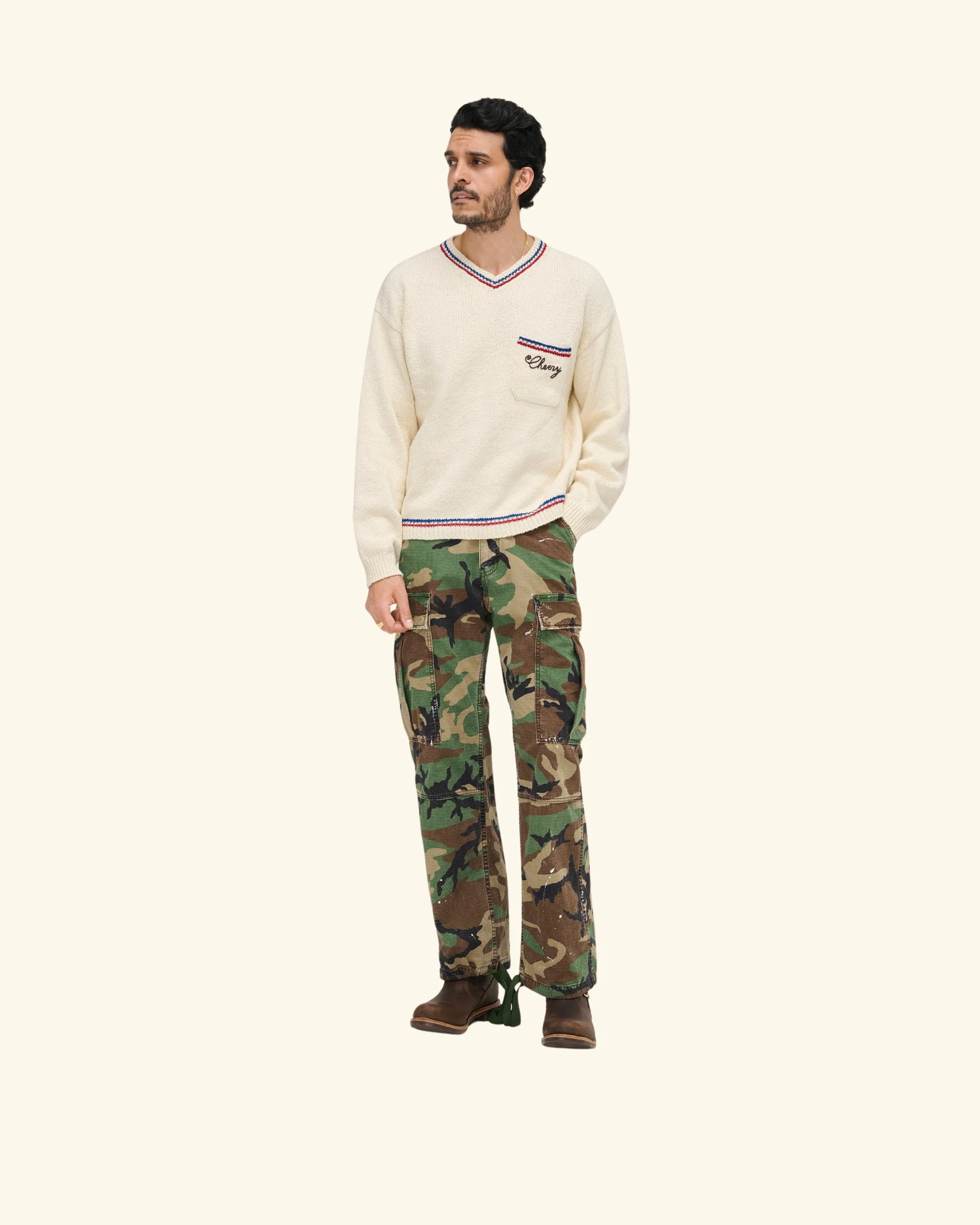 V-Neck Cotton Knit Sweater (Cream) - Image 4