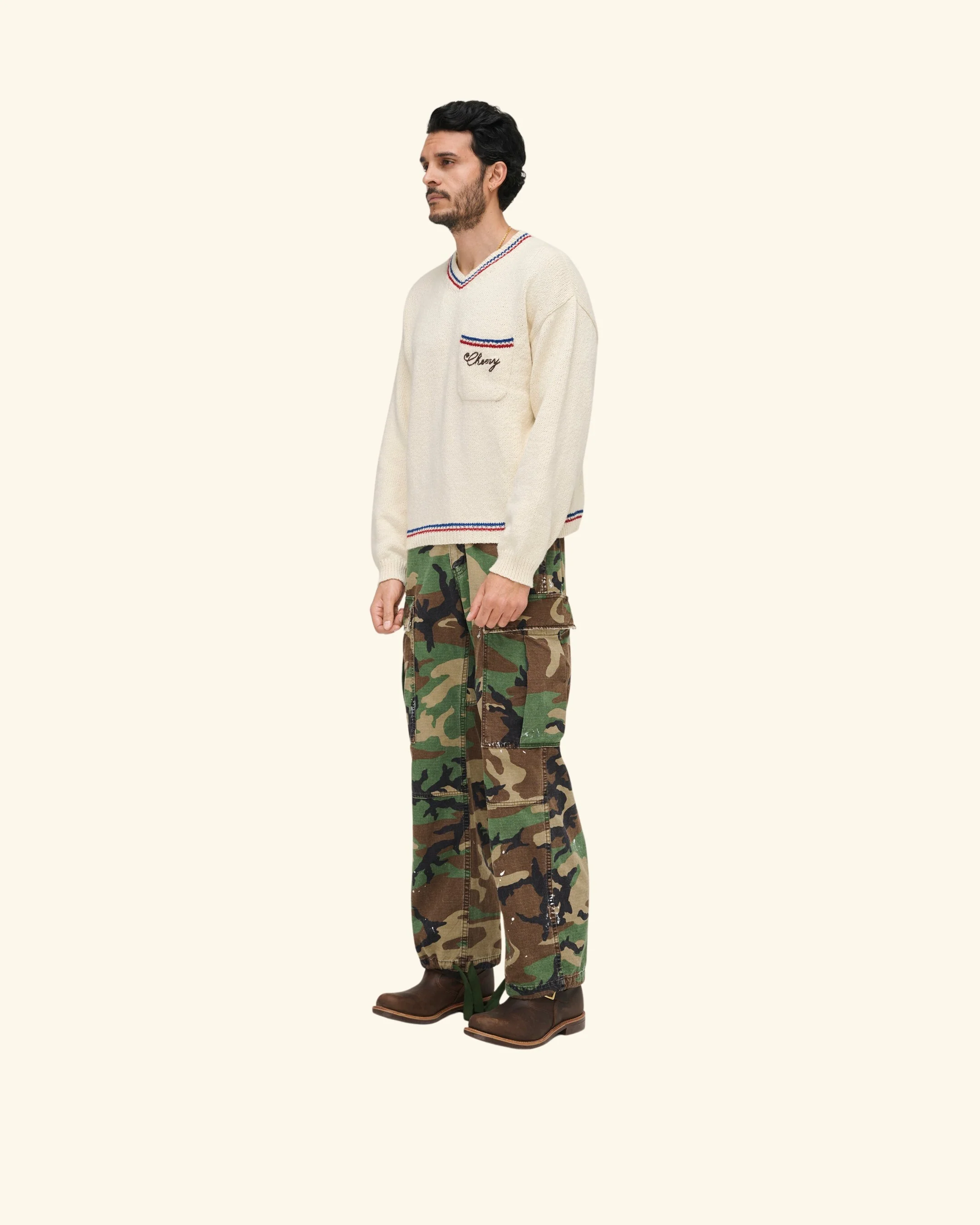 V-Neck Cotton Knit Sweater (Cream) - Image 6