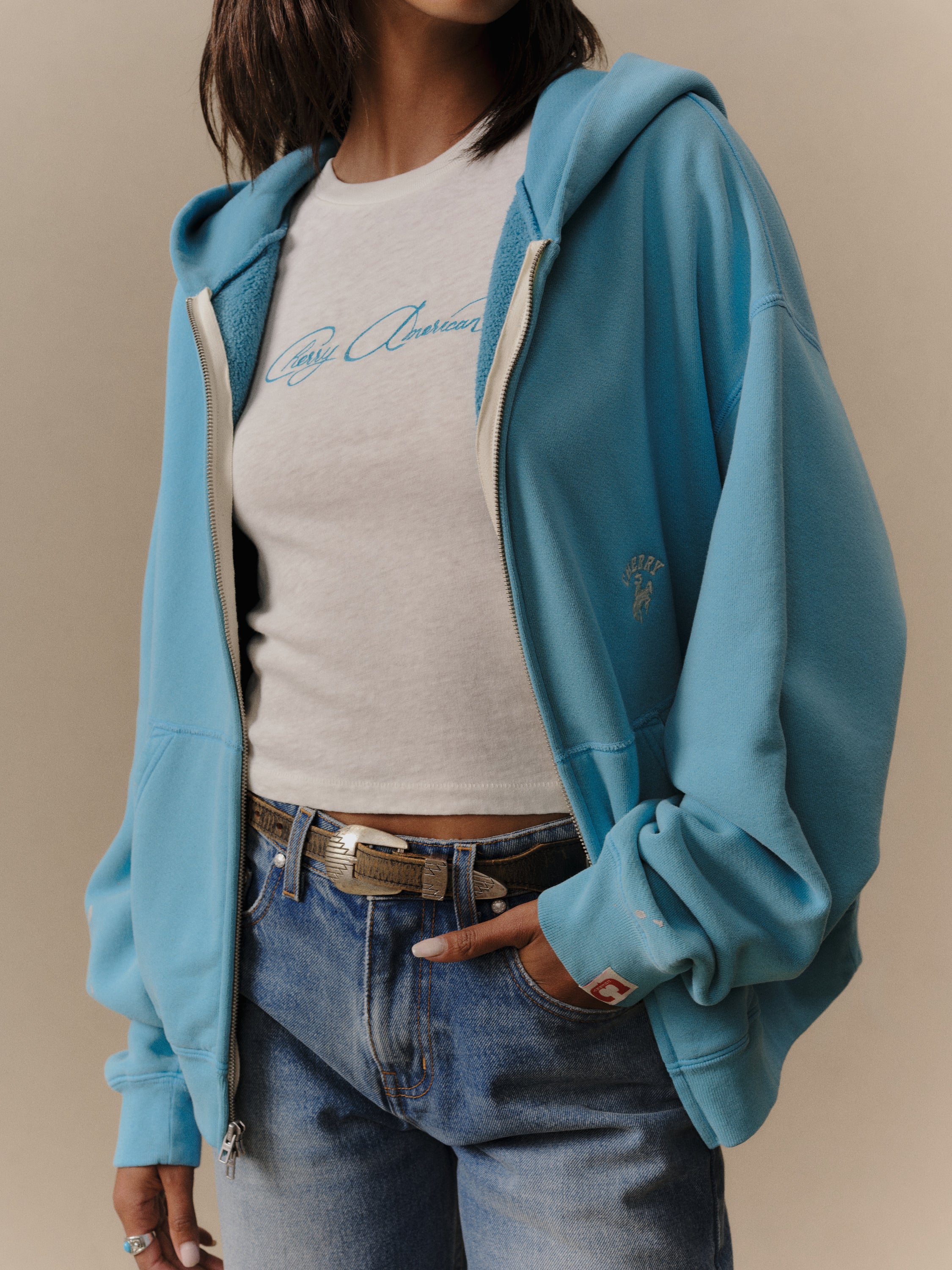 Western Athletic Zip Up Hoodie (Turquoise) - Image 2