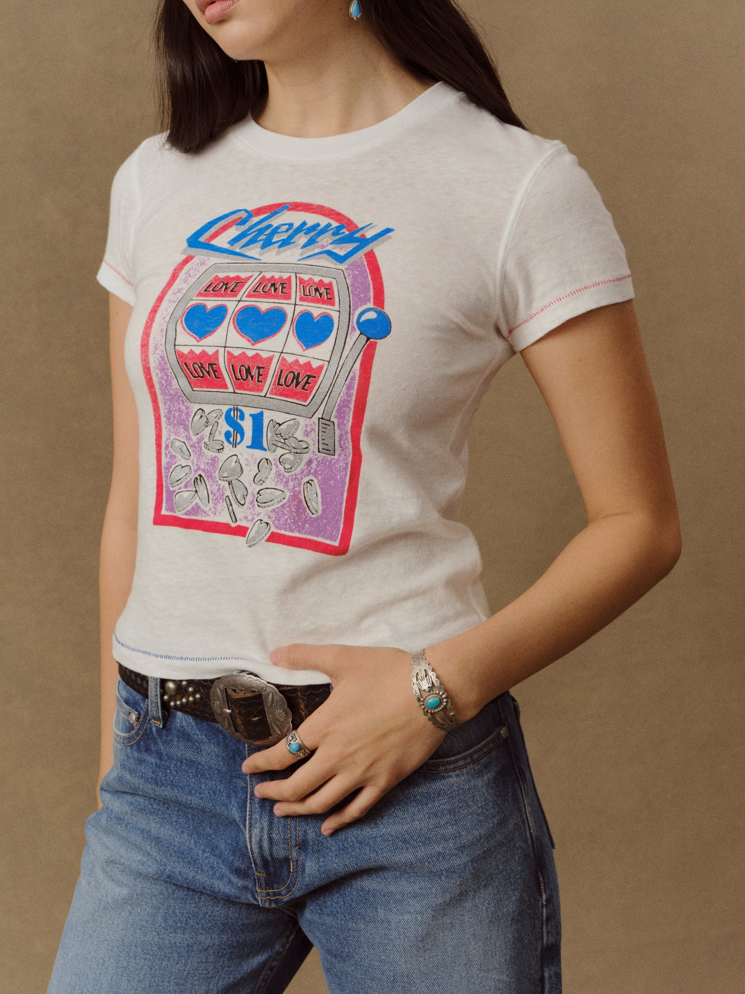 Women's Slot Machine Fitted Baby Tee (Vintage White) - Image 6