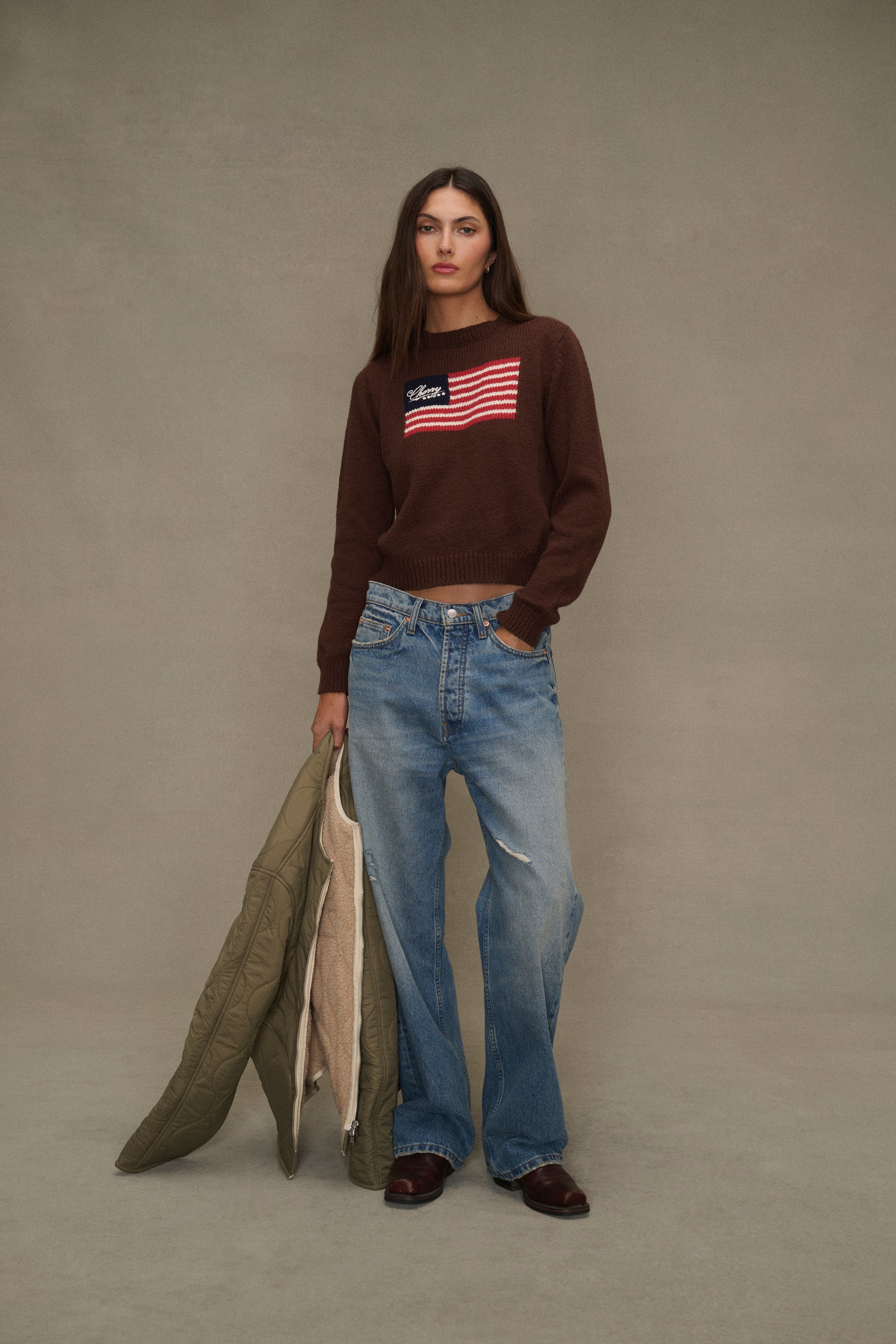 Women's American Flag Crewneck (Brown) - Image 3